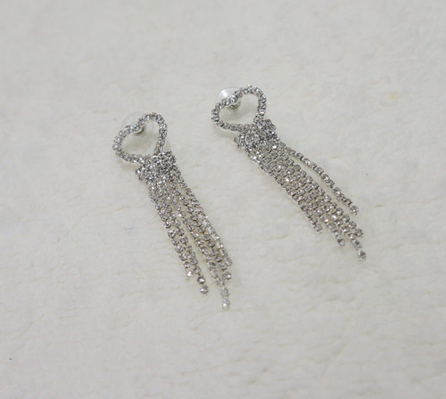 Aros Colgantes Fiesta Novia Corazón Strass Grandes Plateados