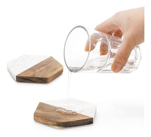 Juego De 6 Posavasos De Mármol Y Madera Zenfun, Posavasos Ge