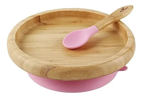 Plato Bebé Madera Bamboo Silicona Con Cuchara Avanchy