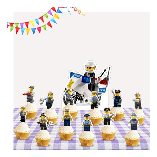 Topper Cupcake Adorno Pinchos Muffins X12 Lego Policia Azul Lego