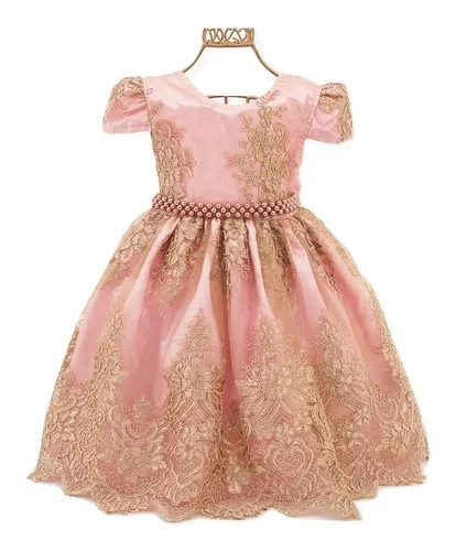 Vestido Infantil Rosa Dourado Realeza Princesa