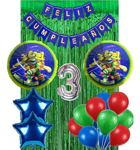 Kit Decoración Tortugas Ninja Globos+cortina+banderin Verde Y Azul