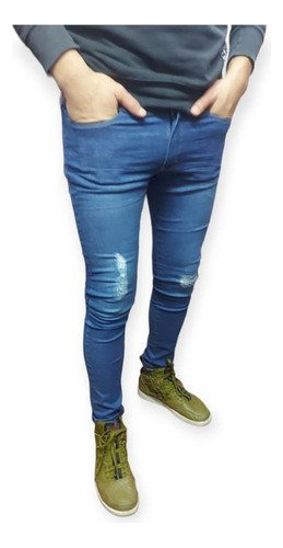 Jeans De Hombre Chupin Elastizado Con Roturas Y Desgaste