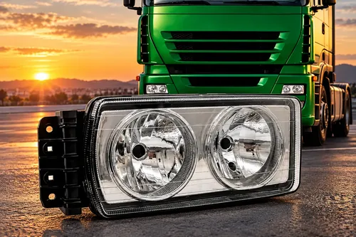 Farol principal duplo de Iveco Stralis em primeiro plano, com caminhão verde ao fundo