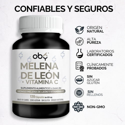 Oby Hongo Melena De Leon Maxima Concentracion 1000mg Potenciado con Vitamina C 120 Caps Sin Sabor