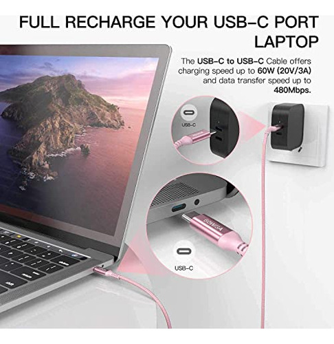 Cable Usb C A Usb C De 60w 30 Pies Rosa Tipo-c De Carga Rápi