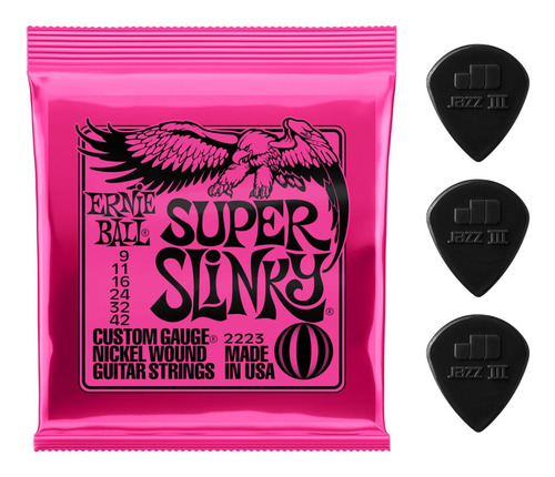 Kit Corda Ernie Ball 009 + 3 Palhetas Nylon Jazz Iii Dunlop