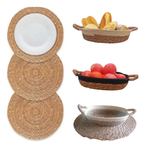 Set 6 Individuales Mantel Fibra Natural Yute 35 Cm + Panera