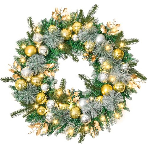 Christmas Wreath With 50led Lights, 24in Gold And Silve...