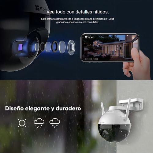 Ezviz Cámara C8C-PLUS-256 PT IP 2MP WiFi Con MicroSD De 256GB + Deteción Humana Con Seguimiento Inteligente Y Vision Nocturna a Color Campo Visual de 360° Protección IP65 Para Uso Exterior C8C