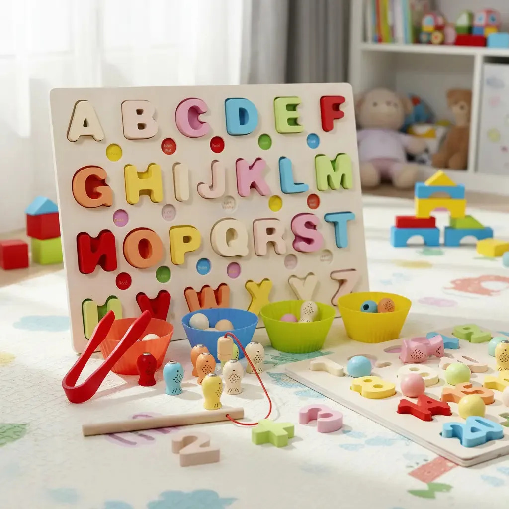 Brinquedo Educativo Montessori 3 em 1: Alfabeto de Madeira, Pescaria e Pinça