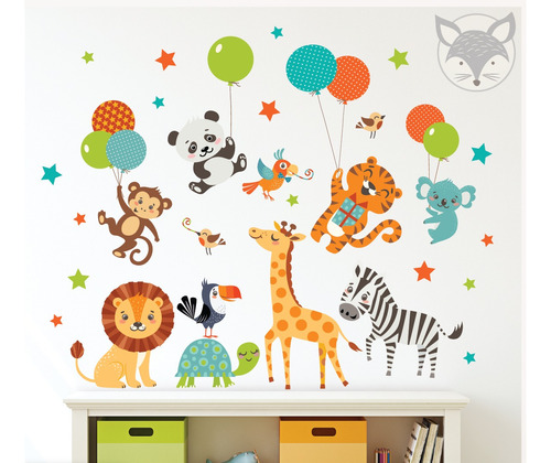 Vinilo Pared Infantil Animales Volando En Globos Pc50a 100cm