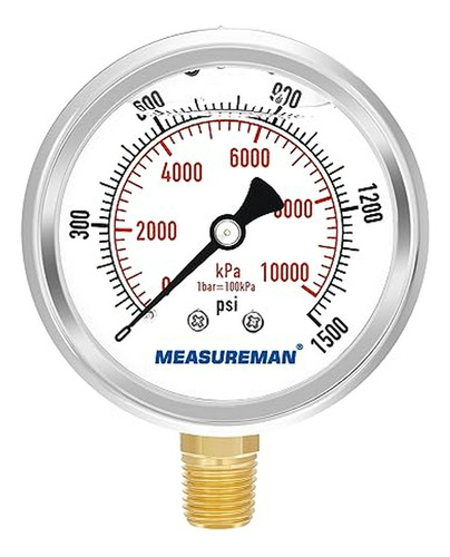 Manómetro Measureman 2-1/2  Glicerina, 0-1500psi/kpa, Acero 