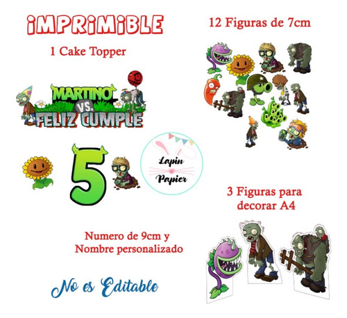 Cake Topper Imprimible Personalizado Plantas Vs Zombies Op1