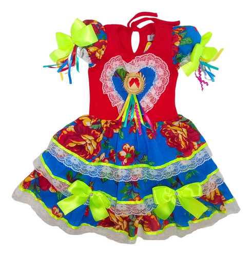 Vestido Festa Junina Doce Maçã - Vermelho E Azul - Tamanho 4