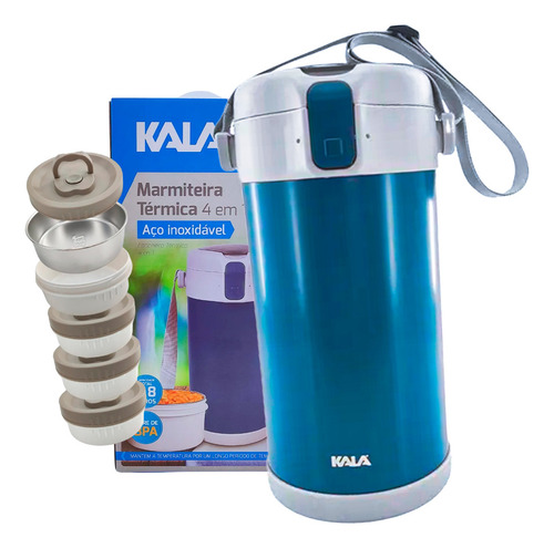 Marmiteira Térmica Inox 4 Em 1 Kala Lanche Viagem Trabalho Cor Azul Com Cinza