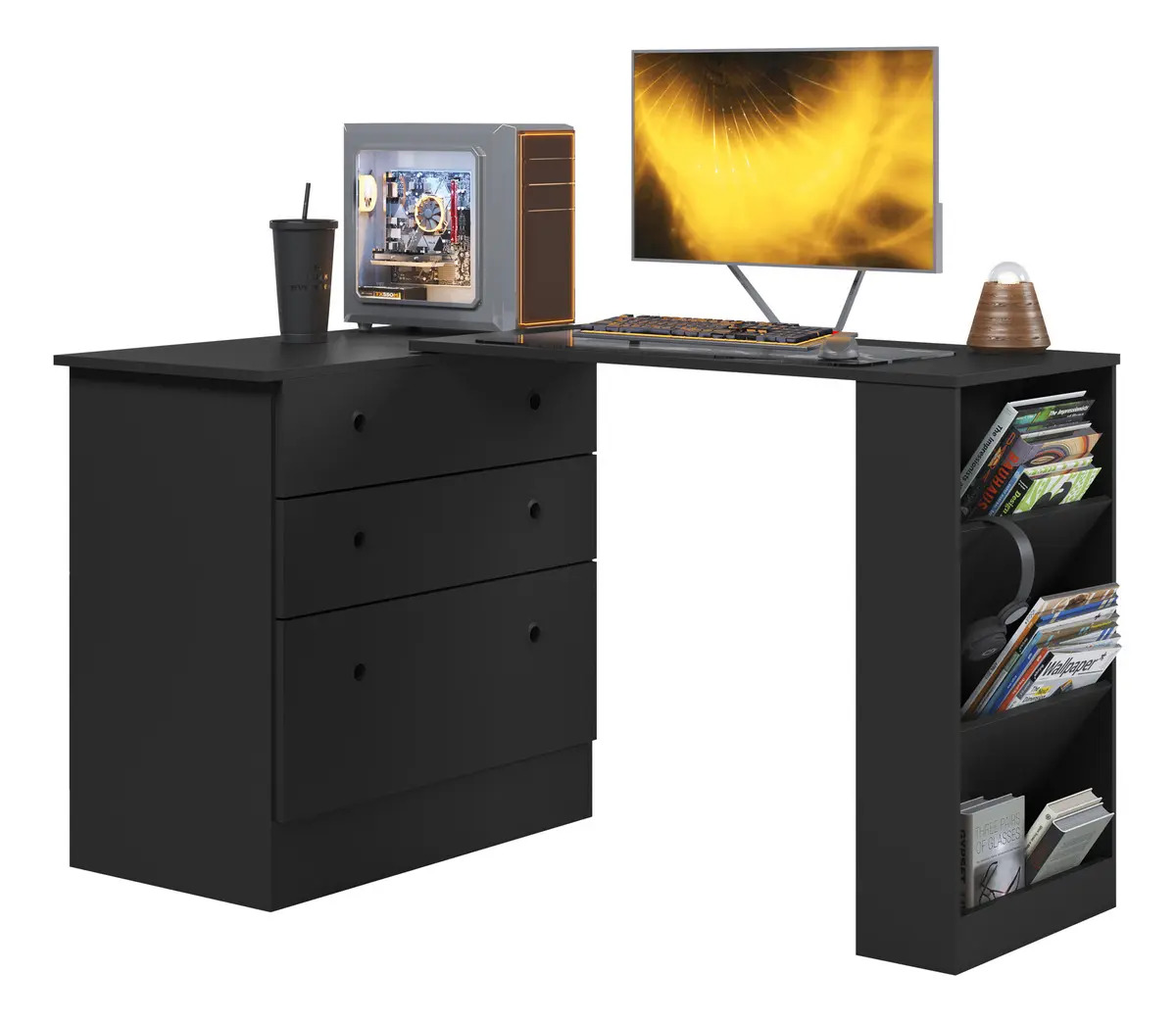 Mesa Escrivaninha Giratória Com 3 Gavetas Cor Preto M Casa Moveis