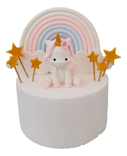 Adorno Unicornio + Arcoiris + Estrellas En Porcelana Fría 