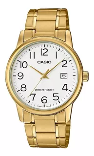 Reloj pulsera Casio Enticer MTP-V002 de cuerpo color dorado, analógico, para hombre, fondo blanco, con correa de acero inoxidable color dorado, agujas color dorado, dial gris oscuro, minutero/segunder