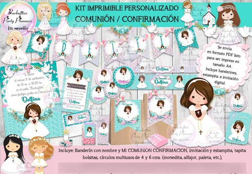 Kit Imprimible Candy Bar Comunion Rosa Aqua Personalizado