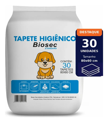 Tapete Higiênico 80x60 Para Pet Cachorro Cães 30 Unidades Descartável Com Fitas Adesivas Anti Odor Atrativo Canino Biosec Standard