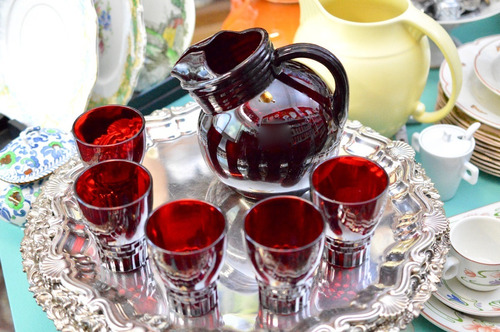 Set Jarra Y 5 Vasos Vintage Anchor Hocking Glass Ruby C1950