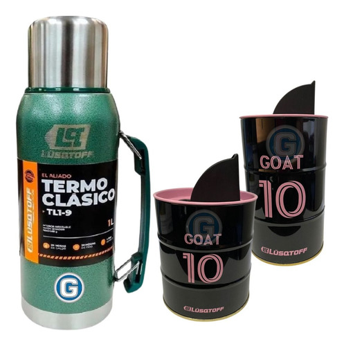 Kit Termo Verde Lüsqtoff 1l + Yerbera Azucarera Goat 10 Mate Color Verde Musgo