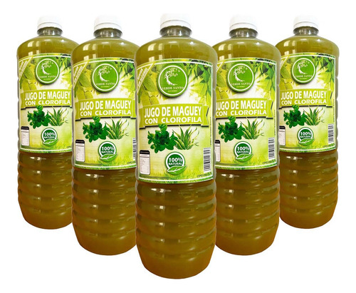 5 Botellas Jugo De Maguey Asado Con Clorofila Verde Santo 1l