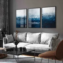 Comprar 3 Quadros Decorativos Abstrato Azul Moderno Moldura E Vidro