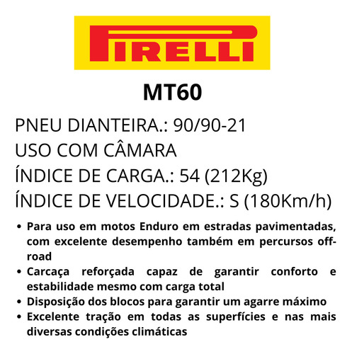 Pneu Dianteiro Moto 90/90-21 54s Pirelli Mt60 Uso Com Câmara