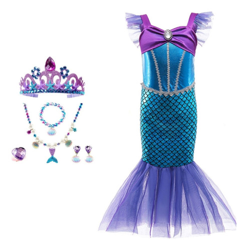 Conjunto Disfraz Sirena Vestidos Niña Princesa Con Accesorios ***5 Accesorios***