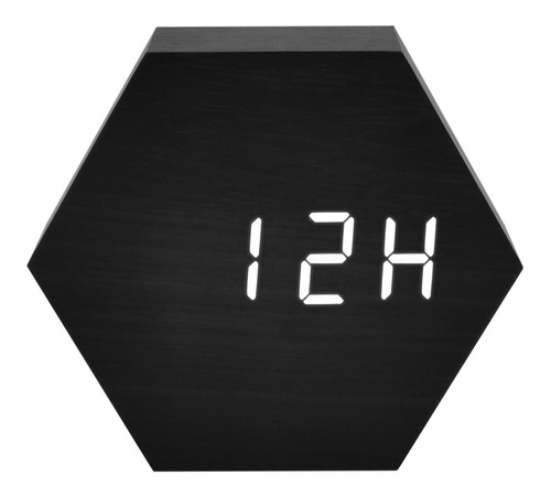 Reloj Despertador Hexágono Negro De Madera Con Led Blanca