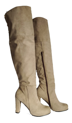 Bota  Beige Extra Larga Tacón Alto Con Plataforma