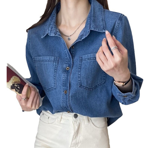 Camisa De Mezclilla Para Dama Azul Mezclilla Oscura Y Clara