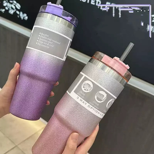 Copo Térmico Com Tampa E Canudo 890ml Com Glitter Brilho
