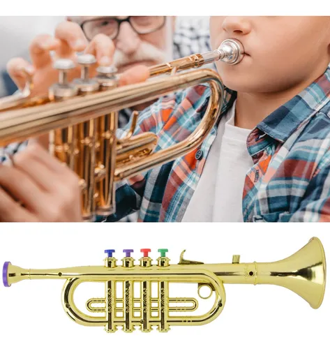 Trompeta para niños, cuerno de trompeta de plástico dorado con 4 teclas de  colores, trompeta para niños, instrumentos musicales de latón, juguete de