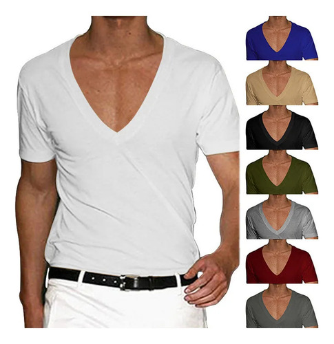 Camiseta Casual Ajustada Con Cuello En V Color Sólido Hombre