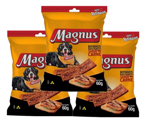Kit 3un Petisco Para Cães Bifinho Magnus Carne 60g