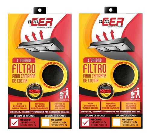 2 X Filtro Carbón Cer Para Campana De Cocina De 4 Platos