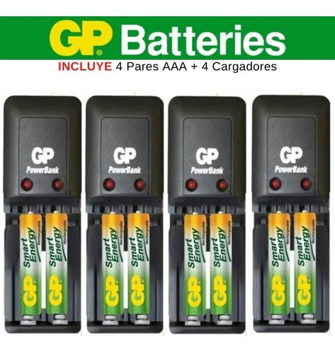 Combo Kit Baterías Pilas Recargables 4 Pares Aaa + Cargador 