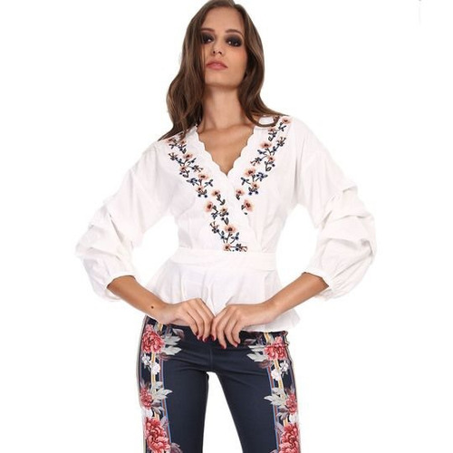 Blusa C/ Mangas Corte Globo Y Bordado Blanca Mujer Vestido