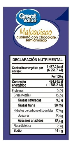 Malvavisco Cubierto Con Chocolate Great Value 50 Pz | 350 G