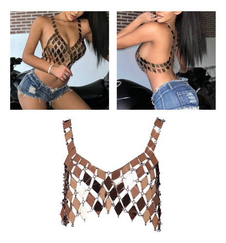 Chaleco De Lentejuelas, Top Corto Con Cuello De, Camiseta