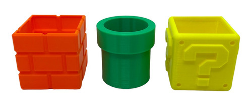 Set De 3 Mini Macetas Decorativas Gamer Tubo Cubo Ladrillos