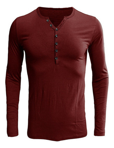 Camiseta Henley De Manga Larga Casual Con Cuello En V Para H