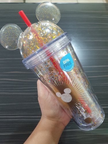 Termo Vaso Con Popote Mickey Con Estrellas Doradas Y Brillos