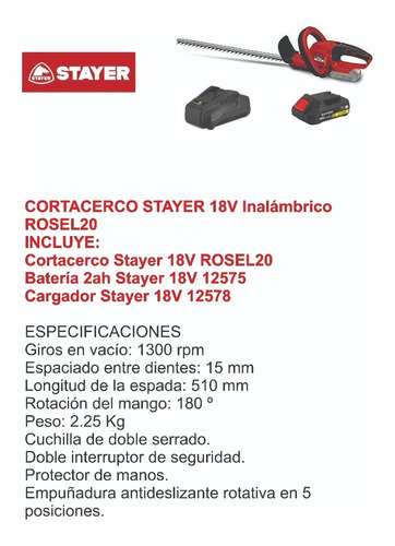 Imagen 2 de 5 de Cortacerco Stayer 18v Rosel20 Espada 510mm Batería Cargador