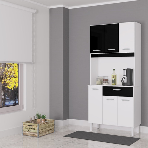 Imagen 4 de 4 de Alacena Mueble Auxiliar Cocina Cassia 6 Puertas Blanco Negro