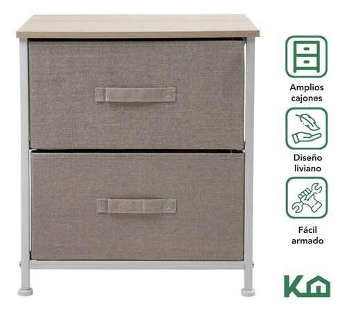 Kinghouse KINGCHEST2 Mesa de Noche Comoda 2 Cajones De Tela Tablero De Madera Recamara Color Beige