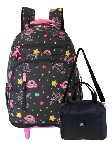 Mochila Rodinhas Unicorn Denlex  Lancheira Térmica Escolar